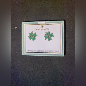 BNIB True to Form Green 4 Leaf Clover 🍀 Hand Painted Cubic Zirconia Earrings